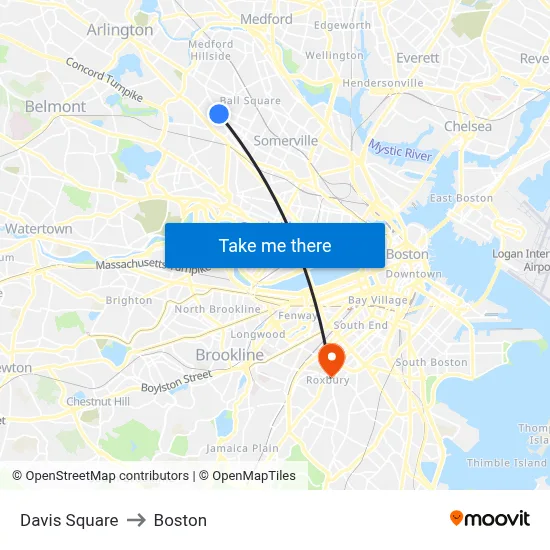 Davis Square to Boston map