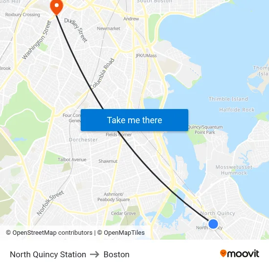 North Quincy Station to Boston map