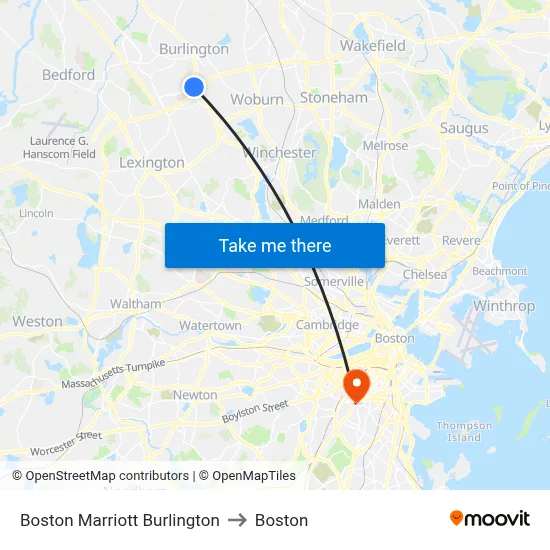 Boston Marriott Burlington to Boston map