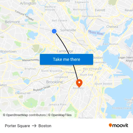 Porter Square to Boston map