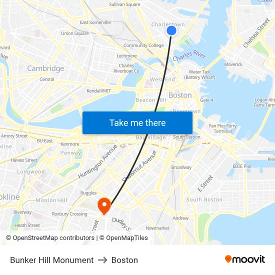 Bunker Hill Monument to Boston map
