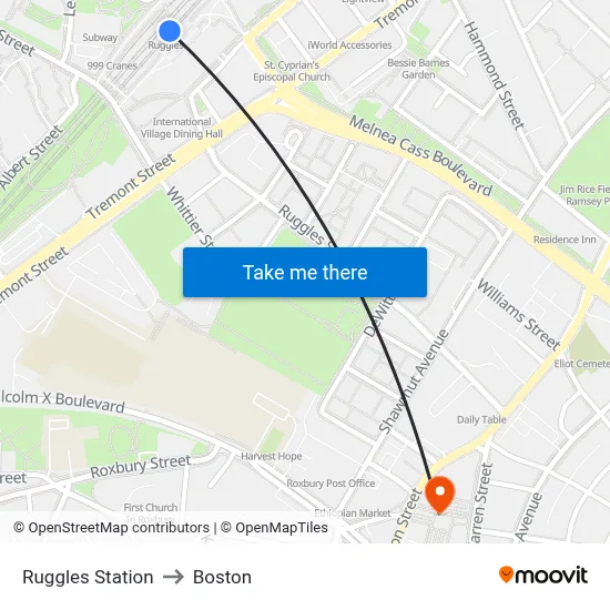 Ruggles Station to Boston map