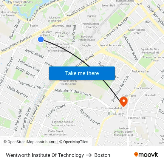 Wentworth Institute Of Technology to Boston map