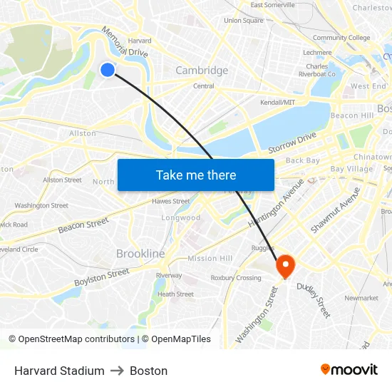 Harvard Stadium to Boston map