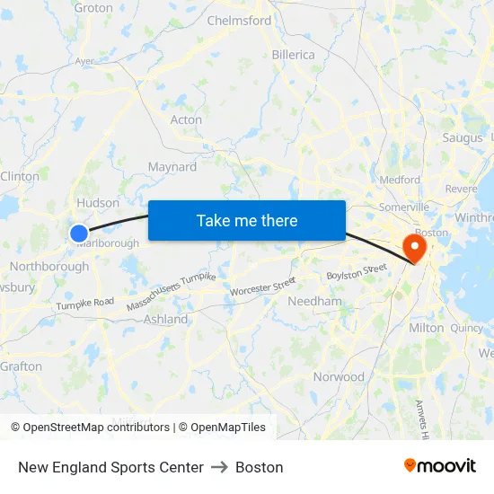 New England Sports Center to Boston map