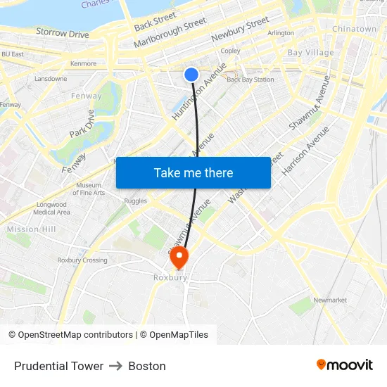 Prudential Tower to Boston map