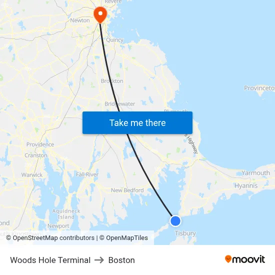 Woods Hole Terminal to Boston map
