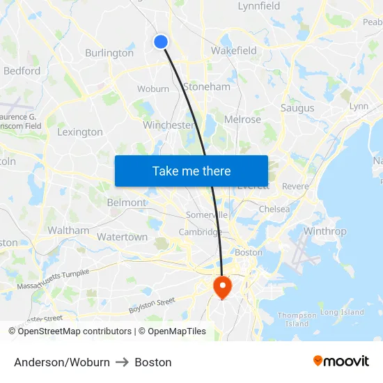 Anderson/Woburn to Boston map