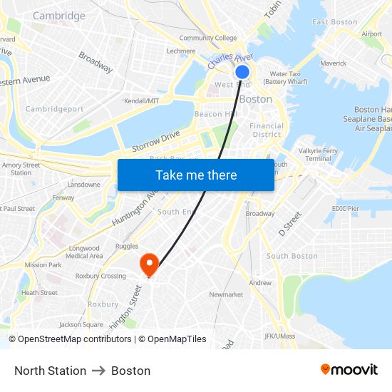 North Station to Boston map