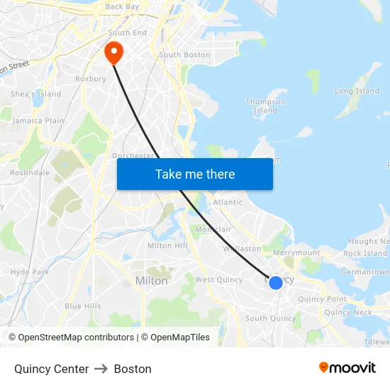 Quincy Center to Boston map