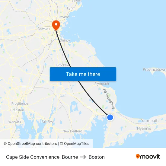Cape Side Convenience, Bourne to Boston map