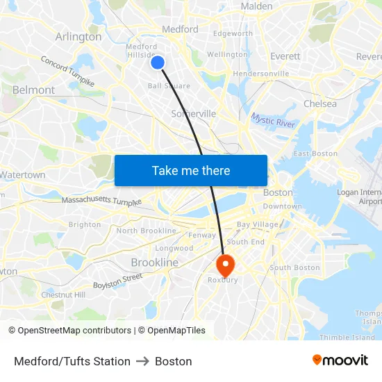 Medford/Tufts Station to Boston map