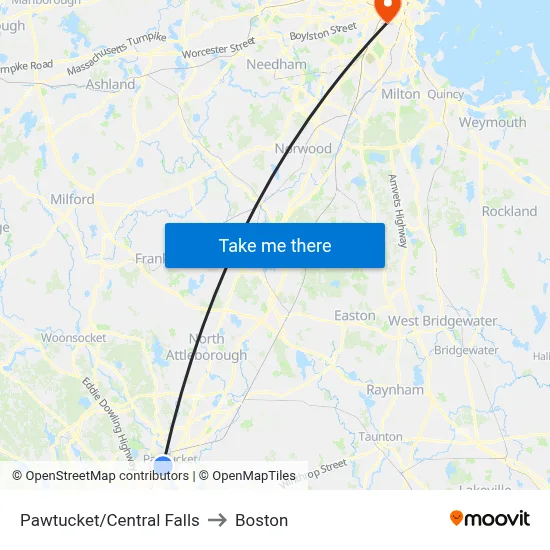 Pawtucket/Central Falls to Boston map