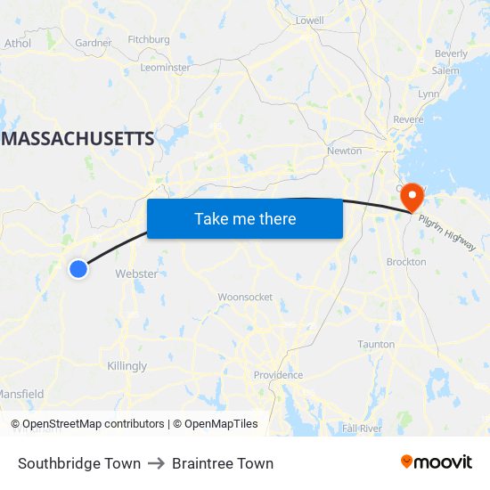 Southbridge Town to Braintree Town map