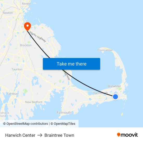 Harwich Center to Braintree Town map
