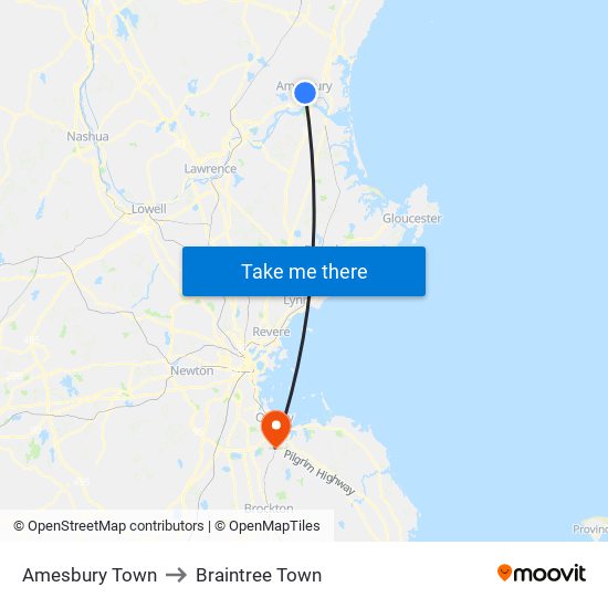 Amesbury Town to Braintree Town map