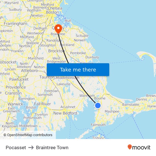 Pocasset to Braintree Town map