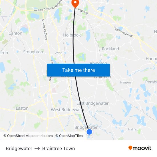 Bridgewater to Braintree Town map