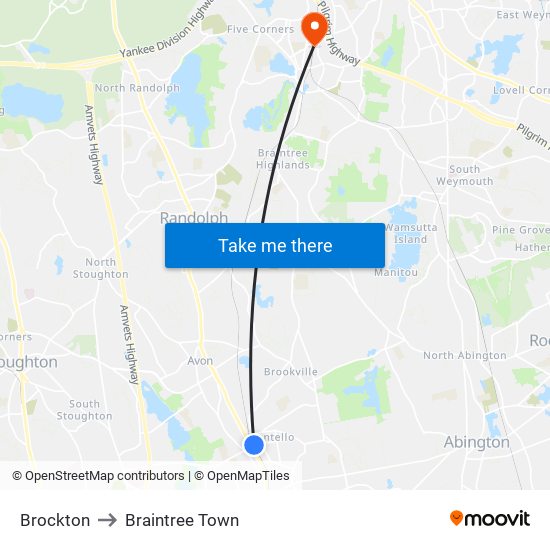 Brockton to Braintree Town map