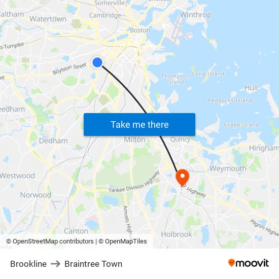 Brookline to Braintree Town map