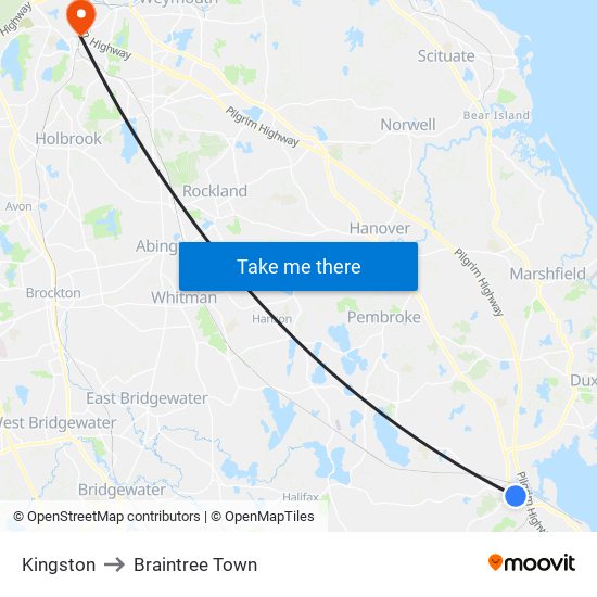 Kingston to Braintree Town map