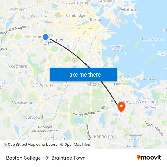 Boston College to Braintree Town map