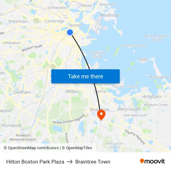 Hilton Boston Park Plaza to Braintree Town map