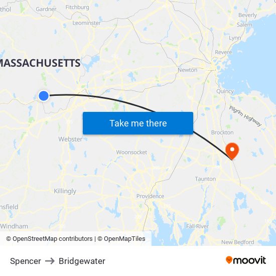 Spencer to Bridgewater map