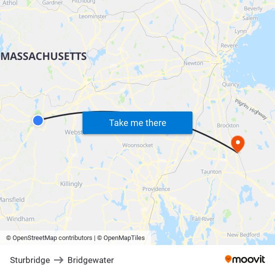 Sturbridge to Bridgewater map