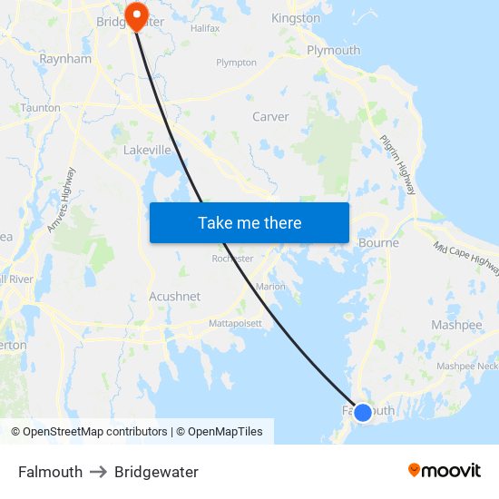 Falmouth to Bridgewater map