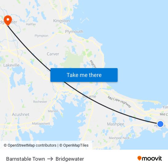 Barnstable Town to Bridgewater map