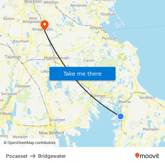 Pocasset to Bridgewater map