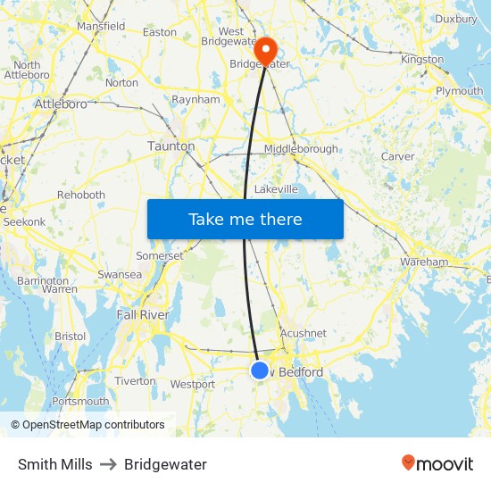 Smith Mills to Bridgewater map