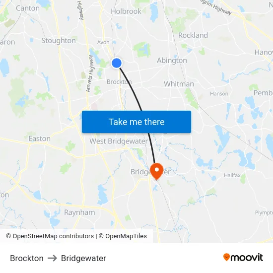 Brockton to Bridgewater map