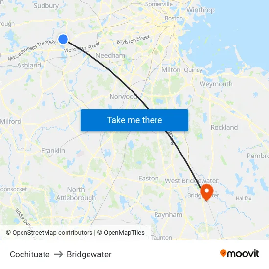 Cochituate to Bridgewater map