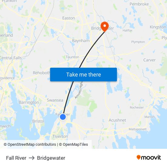 Fall River to Bridgewater map