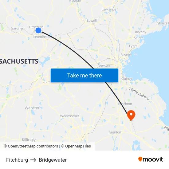 Fitchburg to Bridgewater map