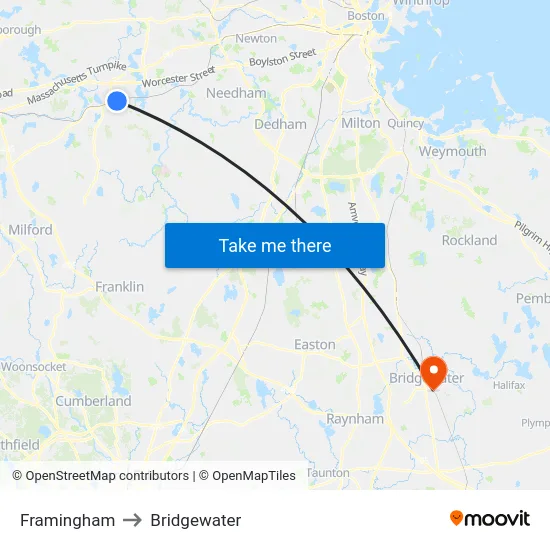 Framingham to Bridgewater map