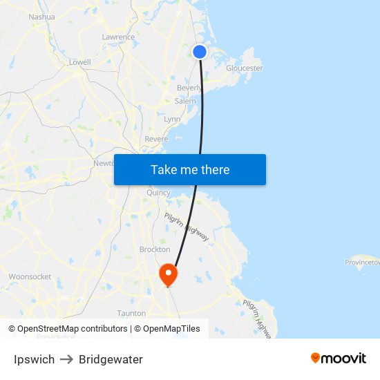 Ipswich to Bridgewater map