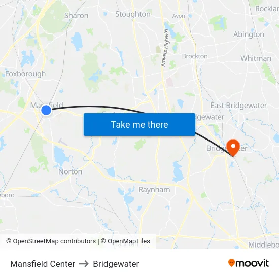 Mansfield Center to Bridgewater map