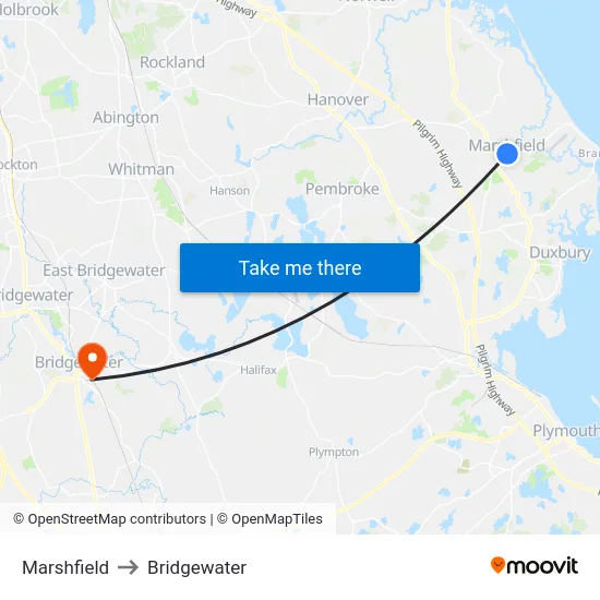 Marshfield to Bridgewater map