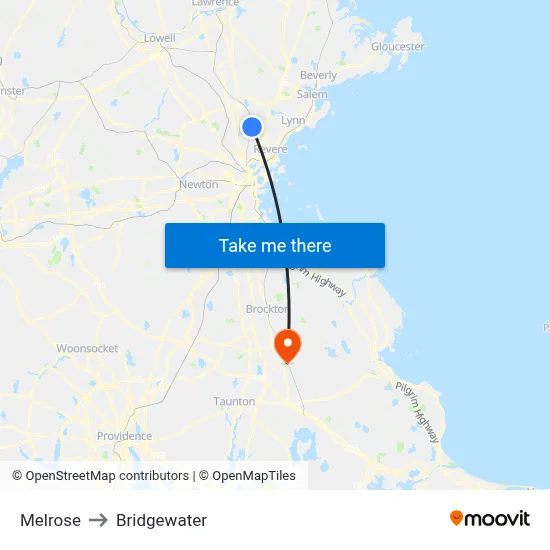 Melrose to Bridgewater map