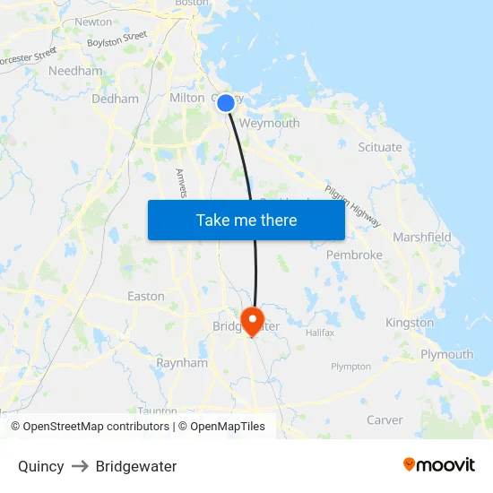 Quincy to Bridgewater map