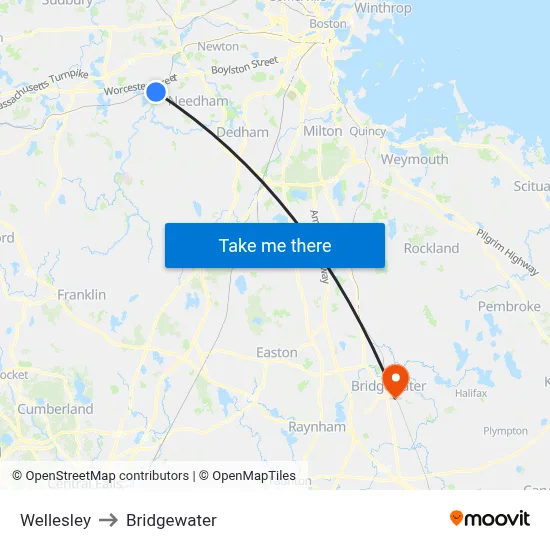 Wellesley to Bridgewater map