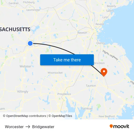 Worcester to Bridgewater map