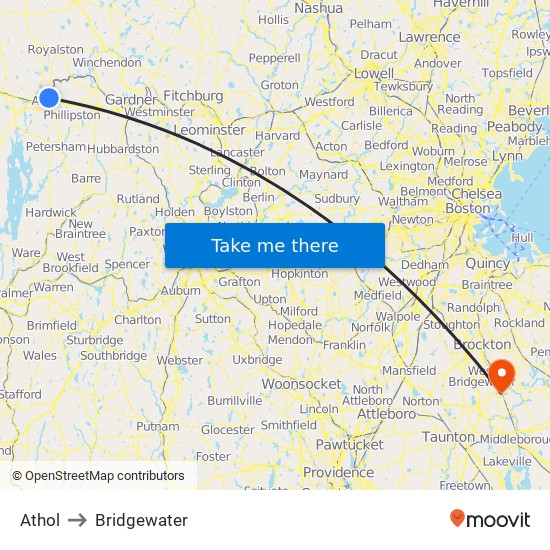 Athol to Bridgewater map