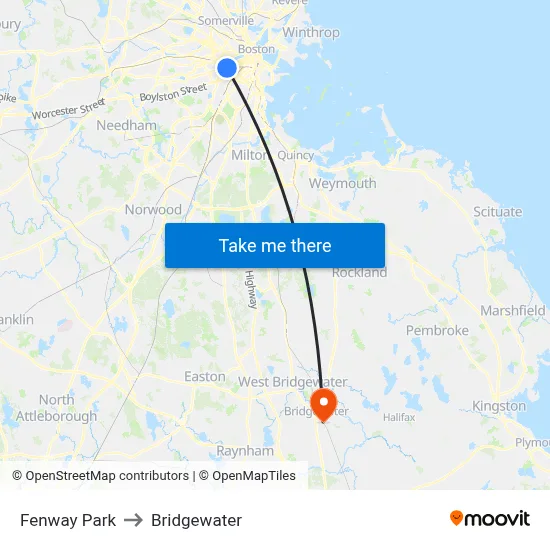 Fenway Park to Bridgewater map