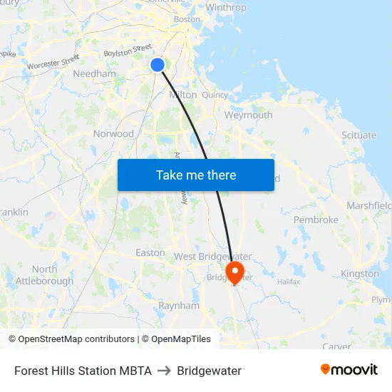 Forest Hills Station MBTA to Bridgewater map