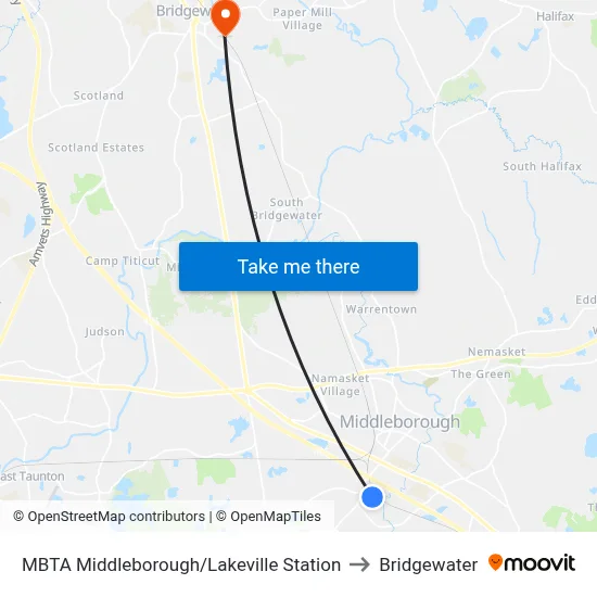 MBTA Middleborough/Lakeville Station to Bridgewater map