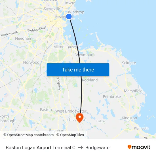 Boston Logan Airport Terminal C to Bridgewater map